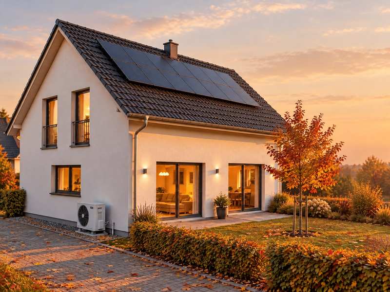 Einfamilienhaus mit Photovoltaik auf dem Dach und Wärmepumpe an der Giebelseite (Visualisierung)