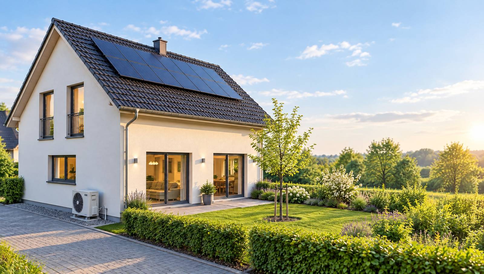 Einfamilienhaus mit Photovoltaik auf dem Dach und Wärmepumpe an der Giebelseite (Visualisierung)