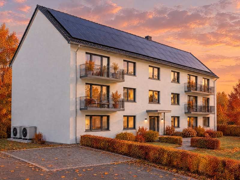 Mehrfamilienhaus mit Photovoltaik auf dem Dach und Wärmepumpen an der Giebelseite (Visualisierung)